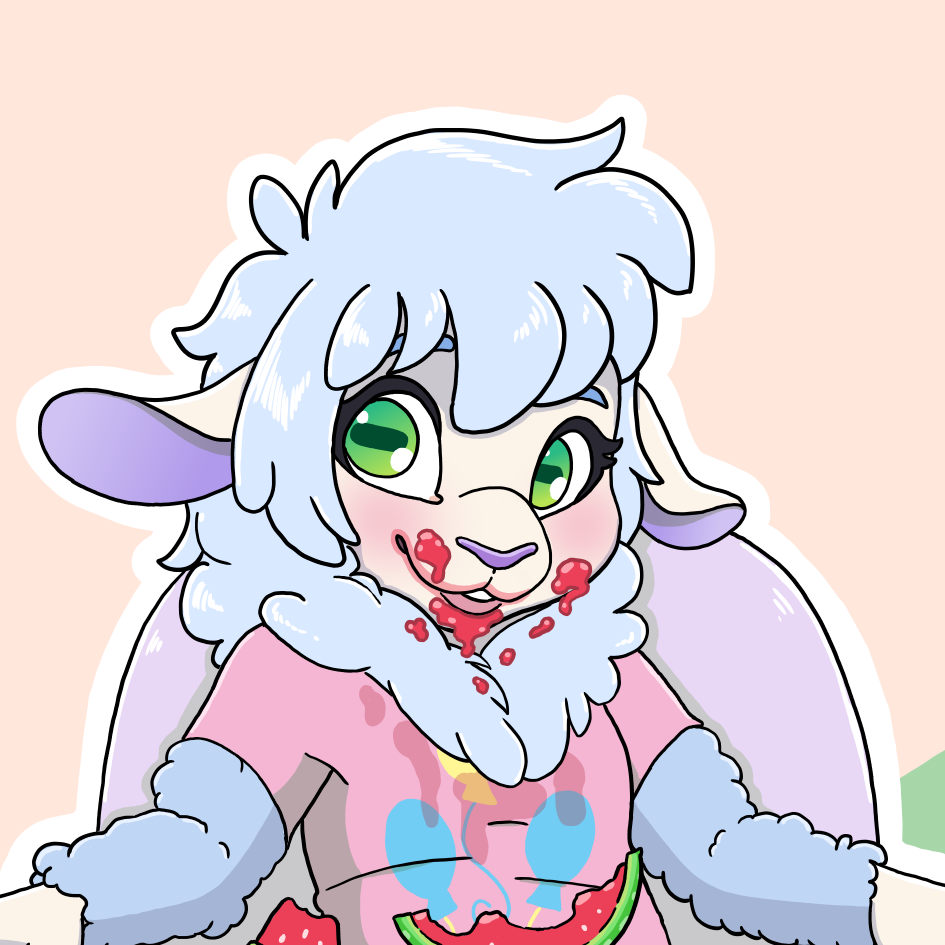 Cute sheep eating wartermelon.